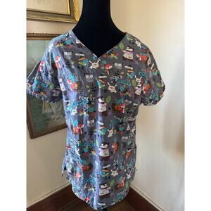 Scrubstar Forest Adventure Animal Print Scrub Top Medium Cotton V Neck